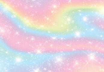 Vector illustration of galaxy fantasy background and pastel color.The unicorn in pastel sky with rainbow. Pastel clouds and sky with bokeh. Cute bright candy background .