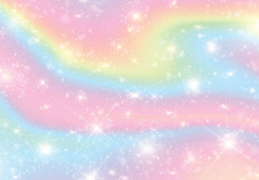 Vector illustration of galaxy fantasy background and pastel color.The unicorn in pastel sky with rainbow. Pastel clouds and sky with bokeh. Cute bright candy background .