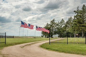 American flags on a rural cemetery