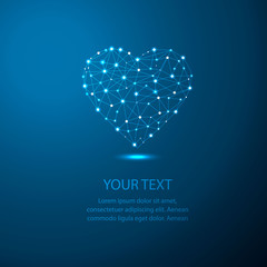 Abstract Heart icon form lines and triangles in low poly style consisting of points, lines, and shapes in the form of planets, stars and the universe