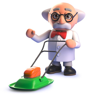 Cartoon 3d mad scientist character using a hover lawn mower
