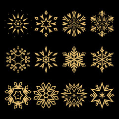 Snowflakes icon collection. Graphic modern gold and black ornament