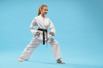 Girl performing defense position of karate. © serhiibobyk