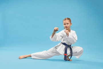 Girl wearing in kimono standing in karate stance. 