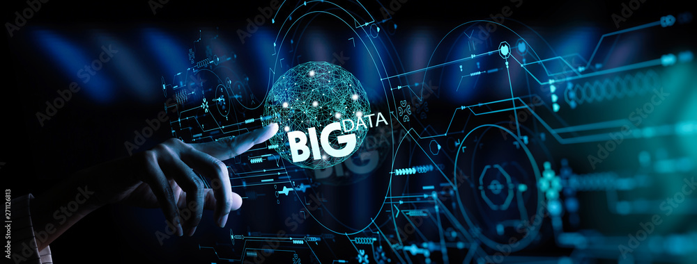 Poster Big data world and globe icon ui with hand selecting and pressing Big Data symbol and modern interface.