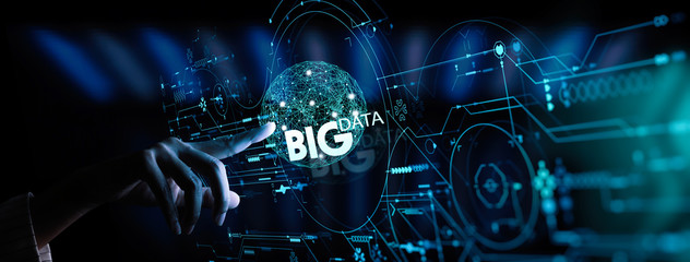Big data world and globe icon ui with hand selecting and pressing Big Data symbol and modern interface.