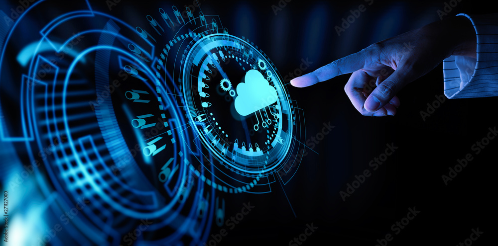 Poster Hand pushing icon Ui of Cloud Computing Technology Internet Storage Network Concept