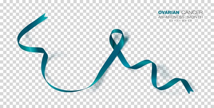Ovarian Cancer Awareness Month. Teal Color Ribbon Isolated On Transparent Background. Vector Design Template For Poster.