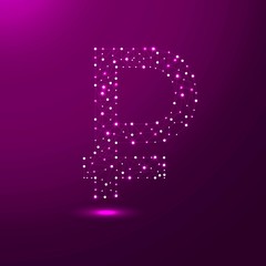 Ruble icon in low poly style consisting of points, lines, and shapes in the form of planets, stars and the universe