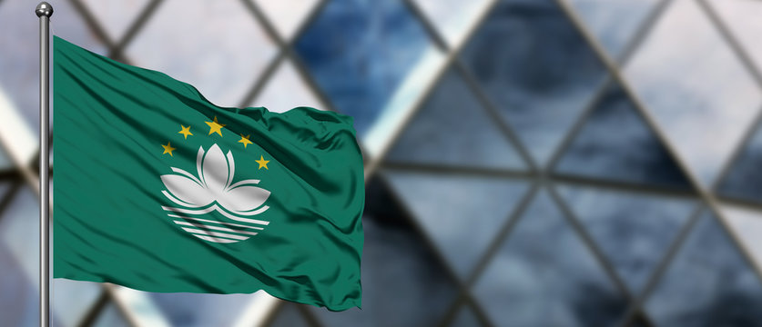Macao flag waving in the wind against blurred modern building. Business concept. National cooperation theme. - Powered by Adobe