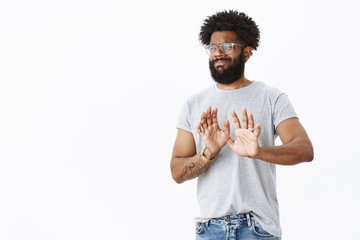 No thanks I pass. Not interested dissatisfied african american male customer with beard and tattoos...