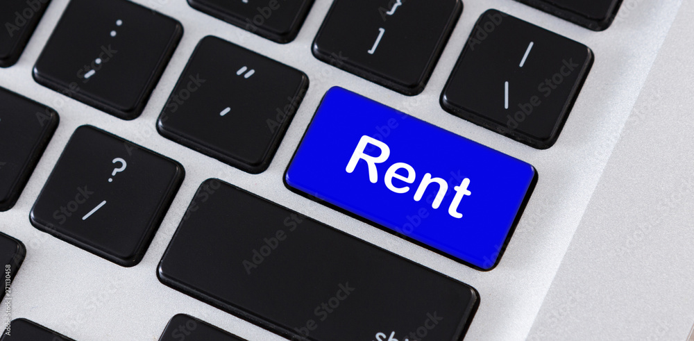 Aufkleber text rent on blue computer keypad button