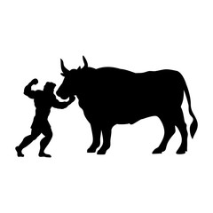 Heracles fights Ox silhouette mythology fantasy. Vector illustration.