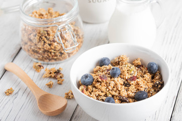 fruit and seed granola with blueberry