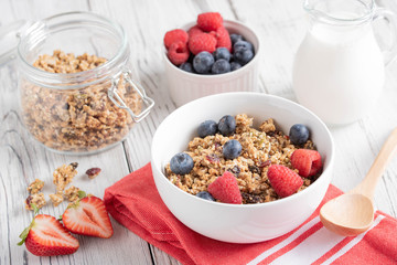 fruit and seed granola with milk and berries