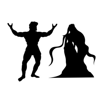 Heracles Naiad nymph silhouette mythology fantasy. Vector illustration.