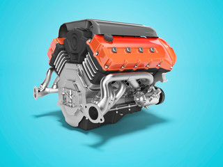 Car engine rear view 3d render on blue background with shadow