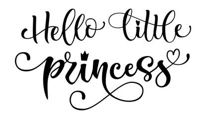 Fototapeta na wymiar Hello Little princess quote. Baby shower hand drawn modern calligraphy vector lettering logo phrase. Landcsape design. Crawn, heart decor element. Card, print, invintation, t-shirt, poster element.