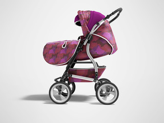 Purple baby stroller isolated left view 3d render on gray background with shadow