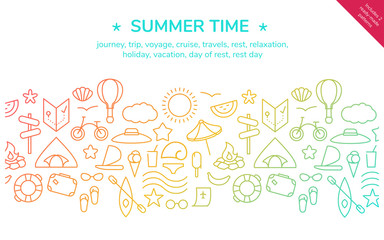 Summer time. Journey, trip, voyage, travels, relaxation, holiday, vacation, rest day. Vector Illustration of Line Website Design, banner template. 
