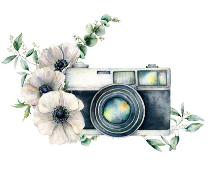 Watercolor card composition with camera and anemone bouquet. Hand painted photographer logo with floral illustration isolated on white background. For design, prints or background.