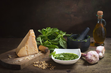 pesto sauce with ingredients for cooking