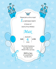 Baby boy royal bithday invitaion with baloons, castle, hearts and crowns.
