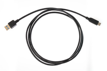 USB type c Data & Power Cable isolated on White Background. Close up
