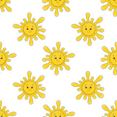 Happy sun. Colored seamless pattern with cute cartoon character. Simple flat vector illustration isolated on white background. Design wallpaper, fabric, wrapping paper, covers, websites.