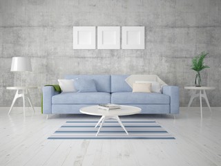 Mock up bright living room with compact comfortable sofa and stylish hipster backdrop.