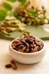 Sweet, delicate and fragrant nuts, Bronte pistachios with  brilliant green colour, ingredient for Italian cuisine, ice creams, cakes, pesto