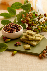 Sweet, delicate, fragrant nuts, Bronte pistachios with  brilliant green colour and handmade pistachio chocolate