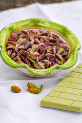 Sweet, delicate, fragrant nuts, Bronte pistachios with  brilliant green colour and handmade pistachio chocolate