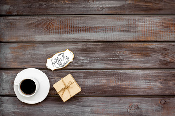 Happy Father Day with gift and coffee on wooden background top view mockup