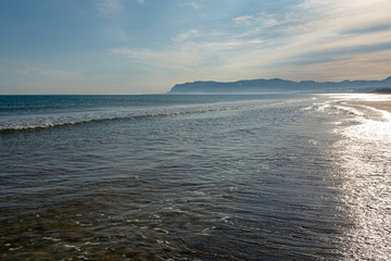Coastline with sandy beach and clear sea water in Alcamo Marina, small town in Sicily, Italy, summer vacation destination
