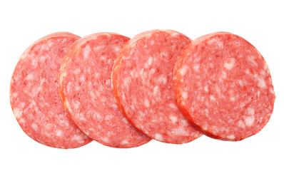 sliced sausage salami isolated on white background. top view