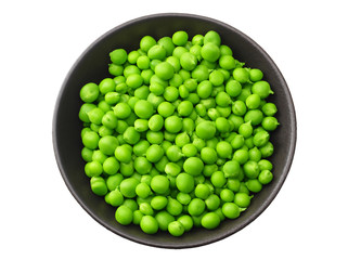 fresh green peas in a black plate isolated on white background. top view