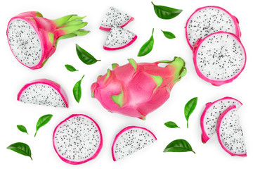 Dragon fruit, Pitaya or Pitahaya with leaf isolated on white background. Top view. Flat lay