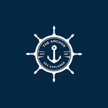 marine retro emblems logo with anchor and ship wheel, anchor logo - vector