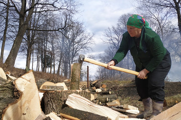 An old woman chopping firewood for the winter, also removes her yard near the house, on the street early spring.