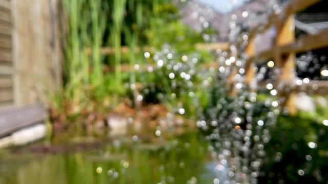 Blurred (intended) slow-motion (x0.25) close-up shot of a fountain in a small backyard pond in sunlight splashing it's water drops joyfully around.