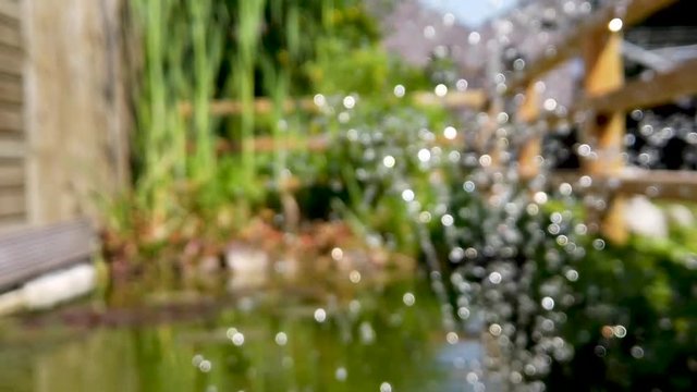 Blurred (intended) slow-motion (x0.5) close-up shot of a fountain in a small backyard pond in sunlight splashing it's water drops joyfully around.