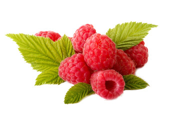 heap of red raspberries with green leaves  isolated on white background