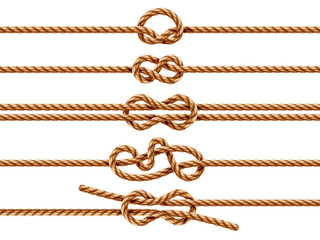 Set of isolated ropes with different knot types. Nautical thread or cord with sheet bend and overhand, granny and figure eight, square or reef knot. Two ropes knotted or whipcord intertwined. Marine