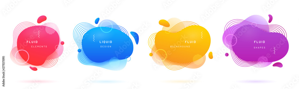Poster abstract geometric shapes with gradient. set of isolated azure or blue flud spot, red brush blob, br