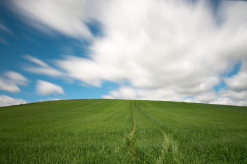 Beautiful agricultural landscape on the Way of St. James, Camino de Santiago between Ciruena and Santo Domingo de la Calzada in La Rioja, Spain