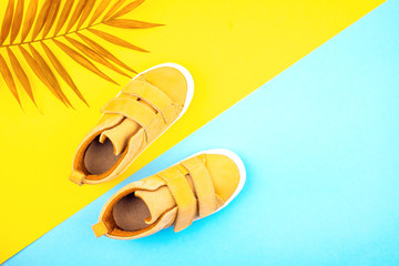 Sneakers and a sprig of palm trees on a trendy background of yellow-blue color. 