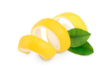 Lemon peel with leaf isolated on white background. Healthy food