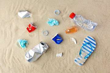 garbage collected on the beach. Top view