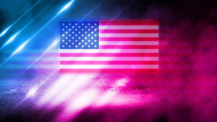 American national flag on abstract background. Abstract festive background with neon glowing USA...